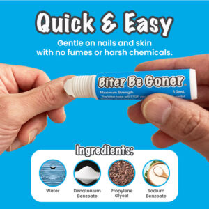 Biter Be Goner is quick and easy to apply. Gentle on nails and skin with no fumes or harsh chemicals. Only 4 ingredients.